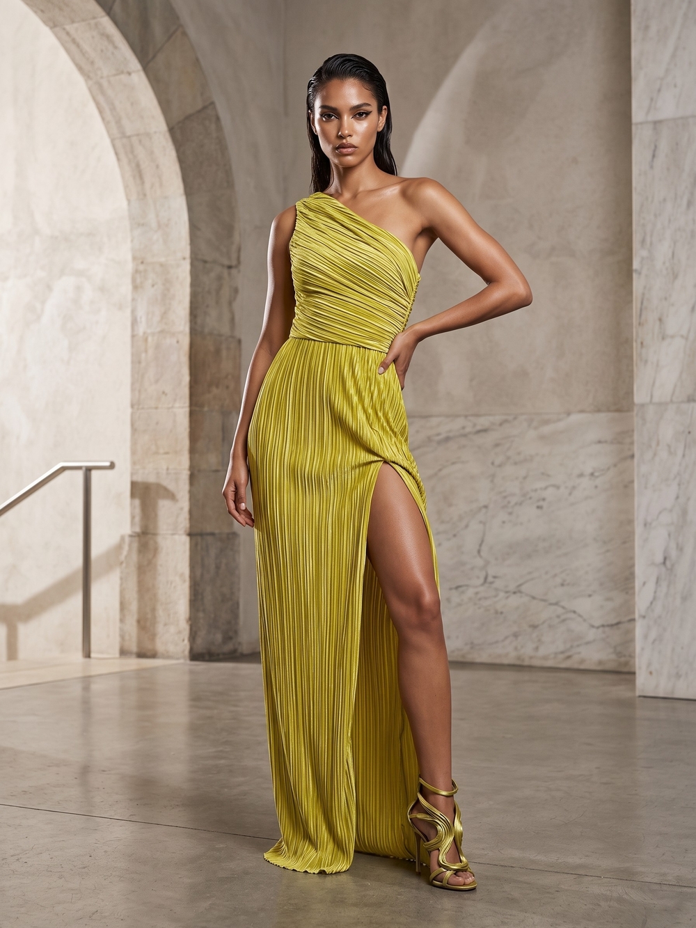 Lulus Chartreuse One Shoulder Pleated Maxi Dress Formal Wedding Guest Gown L